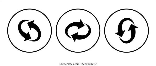Um conjunto de ícones de setas de rotação pretas exibindo estilos diferentes para diferentes direções de rotação em um fundo transparente.