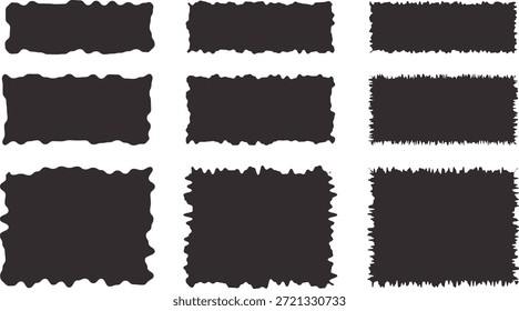 Conjunto de rectángulos de papel rasgado áspero negro con bordes grunge. Los marcos con textura afligida crean un look atrevido hecho a mano y vintage. Ideal para sellos, Anuncios, carteles, collages y Diseño gráfico creativo.