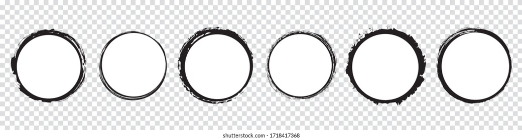 set of black round banners - brush painted circle on transparent background