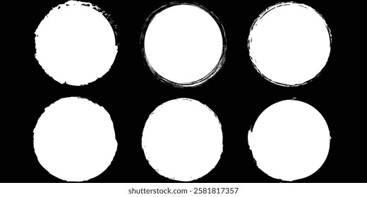 set of black round banners - brush painted circle on transparent background