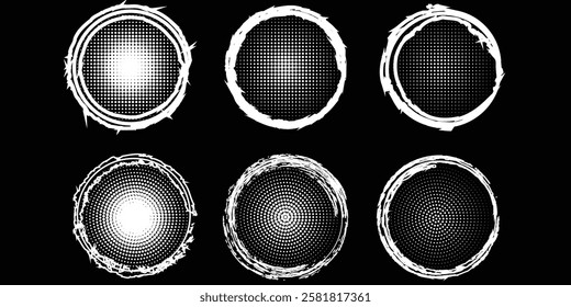 set of black round banners - brush painted circle on transparent background