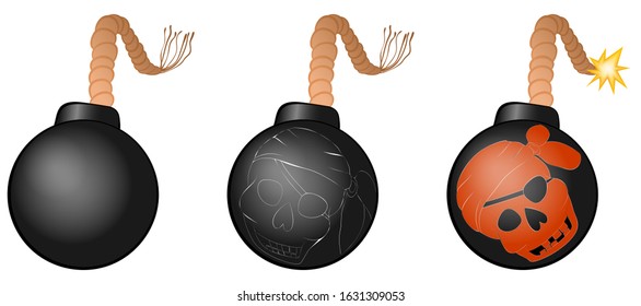 Set of black round bombs with a wick. Burning fuse on a pirate bomb. Elements for a party of pirates. Isolated on a white background. Vector image in a flat style.