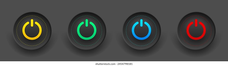 Set of black round buttons with colored power symbols. User interface elements for mobile devices, UI, UX, vector illustration.