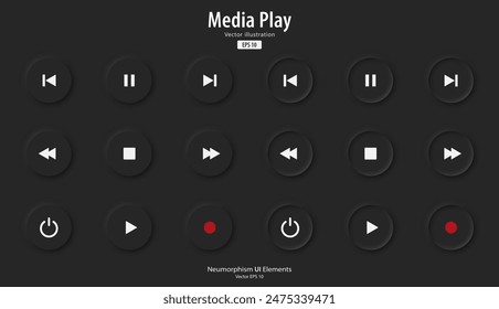 Conjunto de Botones redondos negros con símbolos de reproducción de música. Estado activo e inactivo. Reproducir icono de música. Estilo de diseño de neumorfismo 3D para Sitios web, interfaces y App móviles. UI UX. Ilustración vectorial.