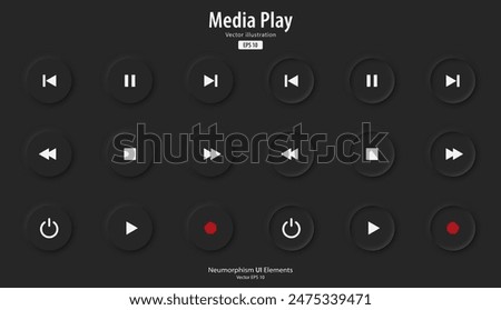 A set of black round buttons with music play symbols. Active and inactive status. Play music icon. 3D Neumorphism design style for Websites, Interfaces, and mobile apps. UI UX. Vector illustration.