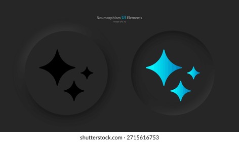 Un conjunto de Botones redondos negros con un signo de inteligencia artificial en negro y azul. Botones en el estilo neumórfico. Gráficos de Vector EPS 10.