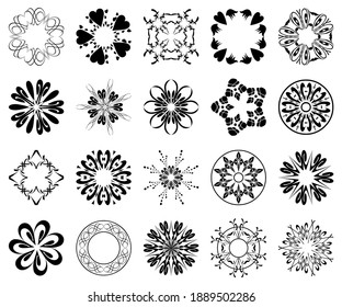set of black round design elements - vector geometric flowers