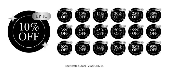 Set von schwarzen runden Discount-Tags mit silbernen Sternen. Bis zu 5, 10, 15, 20, 25, 30, 35, 40, 45, 50, 55, 60, 65, 70, 75, 80, 85, 90 Prozent Rabatt.