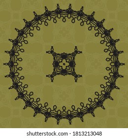 Conjunto de marco redondo negro y elemento decorativo con remolinos, adorno vectorial, marco vintage. Marco negro con encaje para corte de papel o madera. Ornamento Doily. Decoración redonda.