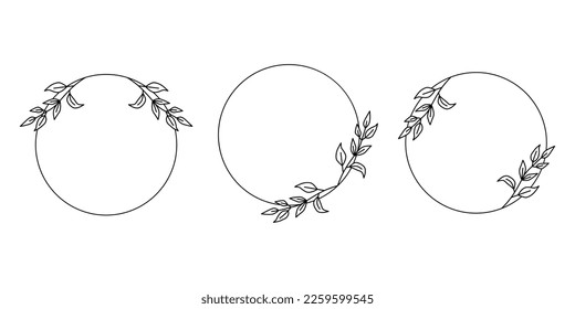 Set of black round frames from leaves. Laurel wreaths. Collection of floral frames. Decorative natural elements for design. Frames in line art style