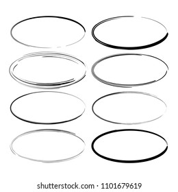Set of black round grunge frames. Oval empty  borders. Vector illustration. 