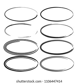 Set of black round grunge frames. Oval empty borders. Vector illustration. 