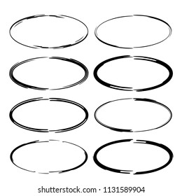Set of black round grunge frames. Oval empty ink borders. Vector illustration. 