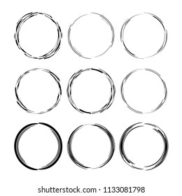 Set of black round grunge frames. Empty circle borders. Vector illustration. 