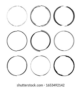 Set of black round grunge frames. Geometric empty borders collection. Vector illustration.