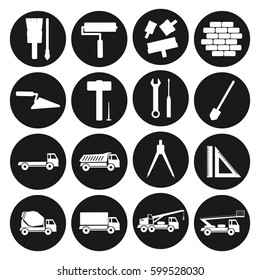 Set black round icons construction. Building tools and cars