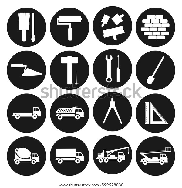 Set black round icons construction. Building tools\
and cars