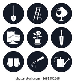 Set of black round icons garden tools and equipment , agricultural tools , vector illustration