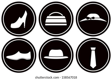 set black round icons with male and female clothes 