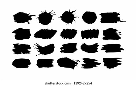 Set of black round ink splashes and drops of different shapes made with brush. Blobs and spatters. Design element. Isolated vector illustration