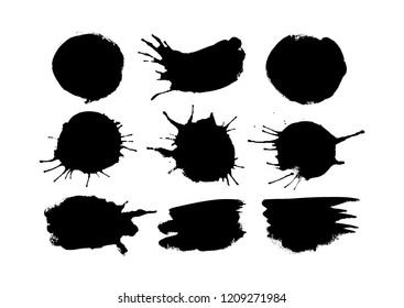 Set of black round ink splashes and drops of different shapes made with brush. Blobs and spatters. Design element. Isolated vector illustration