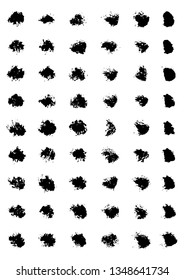 Set of black round ink splashes and drops of different shapes made with brush. Blobs, spatters, spots. Design element on white background. Paint stains set. Isolated ink vector illustration.