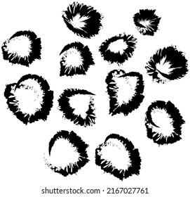 Set of black round ink splashes and drops of different shapes made with brush. Blobs and spatters. Monochrome stain design hand drawn element for magazine, flyers, billboard. Abstract textured effect