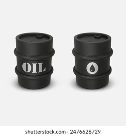 Set black round metal drum. 3D rendering. Vector illustration isolated on white. Barrel of oil. Dangerous chemical liquids, flammable gases, toxins, oils, radiation waste. Oil Industry, Petrol Sign