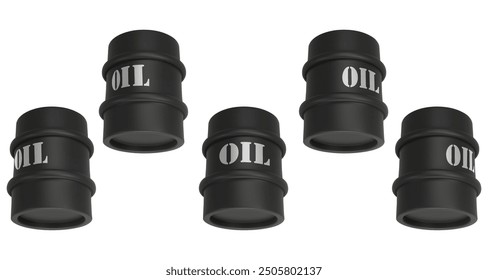Conjunto de tambor de metal redondo negro. Renderización 3D. Ilustración vectorial aislada en blanco. Barril de aceite. Líquidos químicos peligrosos, gases inflamables, toxinas, aceites, residuos de radiación. Industria petrolera, signo de gasolina