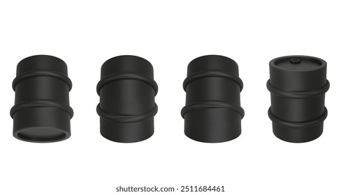 Set black round metal drum. 3D rendering. Vector illustration isolated on white. Barrel of oil. Dangerous chemical liquids, flammable gases, toxins, oils, radiation waste. Oil Industry, Petrol Sign