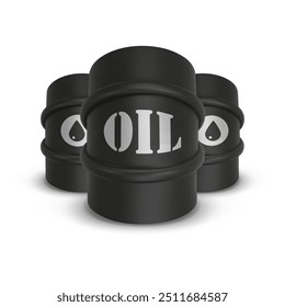 Set black round metal drum with oil. 3D rendering. Vector illustration isolated on white. Barrel of chemical liquids, flammable gases, toxins, oils, radiation waste. Oil Industry, Petrol Sign