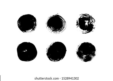 Set of black round paint spots with texture. Vector illustration. Different brush strokes. Can be using for web design, logos, banners, greeting cards, leaflets, posters, design clothing.
