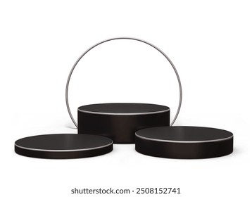 Set of black round podiums of different heights. Vector group with metal arch