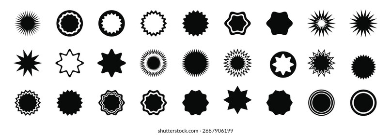 Set of black round shapes, star shapes, stickers, sale badges, price tags, quality marks, retro geometric shapes, sunburst badges, vector frames.