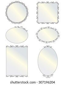 Set of black round and square vintage mirror, design elements. Illustration of hanging mirrors on a light background. Vector Illustration of six different elegant oval and square shaped mirrors.