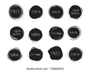 Set of black round stains isolated on white background. Hand drawn scribble circles. Spot banner for text. Vector logo design elements