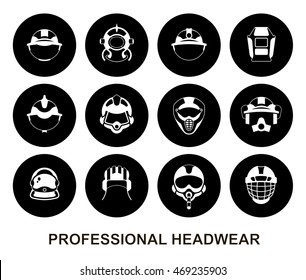 Set of black round vector icons. Professional head wear for professions: tank crewman, pilot, astronaut, firefighter, diver, miner, builder, hockey player, motorcyclist, rider, welder, crane operator.