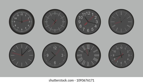 Set of black Round wall clock. flat style. isolated on gray background