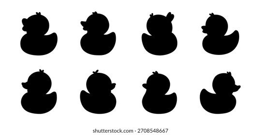 Conjunto de siluetas de pato de goma negro. Formas de Vector sencillas para Clipart, iconos y proyectos gráficos minimalistas.