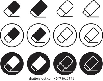 Satz von schwarzen Gummi-Radiergummi-Symbolen. Zeichentools Flache Symbole können für Präsentations-Vorlagen, Web- und Handy-App verwendet werden. Kunst liefert Icons mit editierbarem Material isoliert auf transparentem Hintergrund.