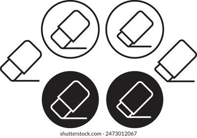 Satz von schwarzen Gummi-Radiergummi-Symbolen. Zeichentools Liniensymbole können für Präsentations-Vorlagen, Web und Handy-App verwendet werden. Kunst liefert Icons mit editierbarem Material isoliert auf transparentem Hintergrund.