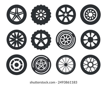 Set of black rubber wheel tire isolated on white background. Vector stock