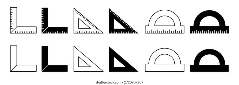 Schwarzer Lineal und Dreieckssymbol für Bildung, Geometrie, Messungen, technische Zeichnung, Architektur, Schulbedarf, Mathematik und Entwurfsdarstellung.