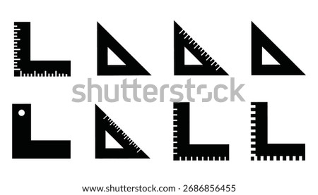 Set of black ruler and triangle icons in silhouette style. Isolated on white background. Vector illustration.