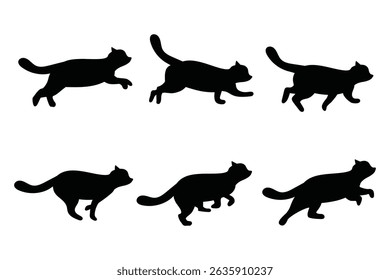 Set of black running cat silhouettes in different poses, side view.