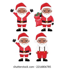 Set of Black Santa Claus Vector isolated on white background. Cute Afro Santa Cartoon Character with gift, bag with presents, waving and greeting, Casual Santa. For Christmas cards, banners