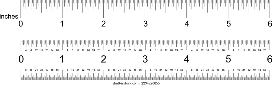 Set of black scales, markups for rulers from 0 to 6 inches. Art design horizontal measure scale distances 6" ruler division one thirty-second inch and one sixty -fourth inch. Vector illustration