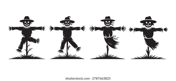 Set of black scarecrow silhouettes. standing in a field isolated on a white background for autumn.