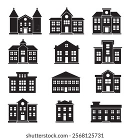 A set of black school building vector silhouettes isolated on a white background.