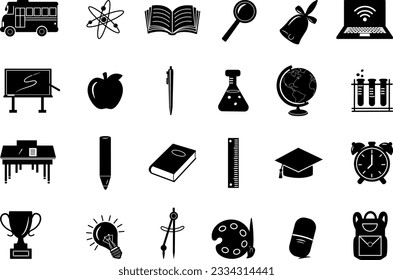 Set of Black School Icons. 24 Vector Academic Items. Science and Education